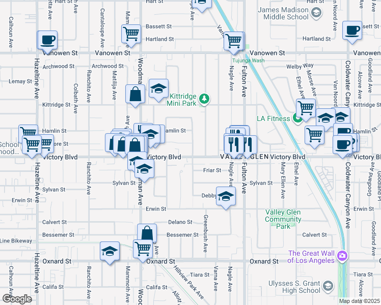 map of restaurants, bars, coffee shops, grocery stores, and more near 13464 Victory Boulevard in Los Angeles