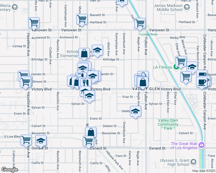 map of restaurants, bars, coffee shops, grocery stores, and more near 13534 Victory Boulevard in Los Angeles