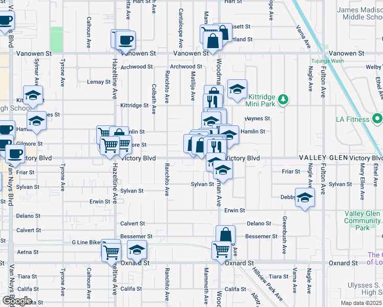 map of restaurants, bars, coffee shops, grocery stores, and more near 13820 Victory Boulevard in Los Angeles