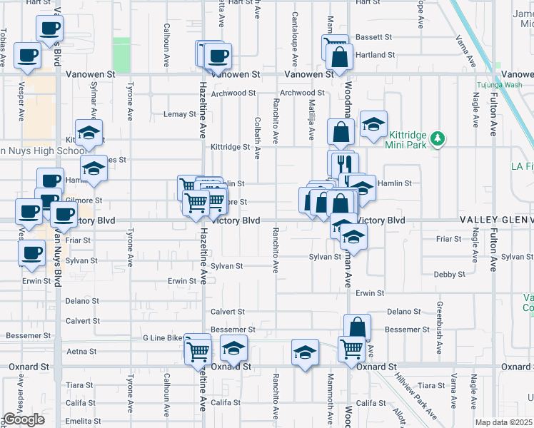 map of restaurants, bars, coffee shops, grocery stores, and more near 13850 Victory Boulevard in Los Angeles