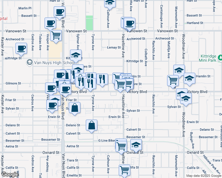 map of restaurants, bars, coffee shops, grocery stores, and more near 14142 Victory Boulevard in Los Angeles