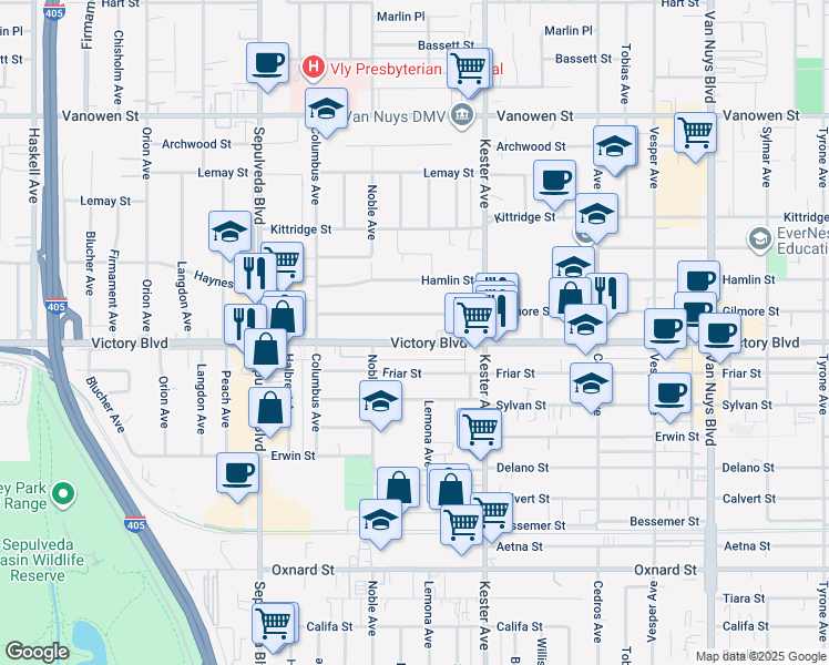 map of restaurants, bars, coffee shops, grocery stores, and more near 14990 Victory Boulevard in Los Angeles