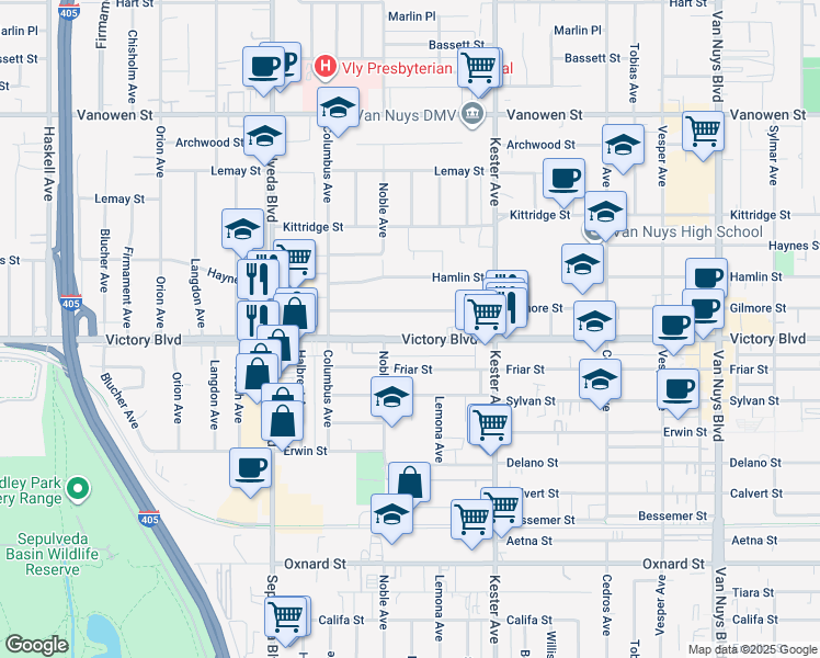 map of restaurants, bars, coffee shops, grocery stores, and more near 15050 Victory Boulevard in Los Angeles