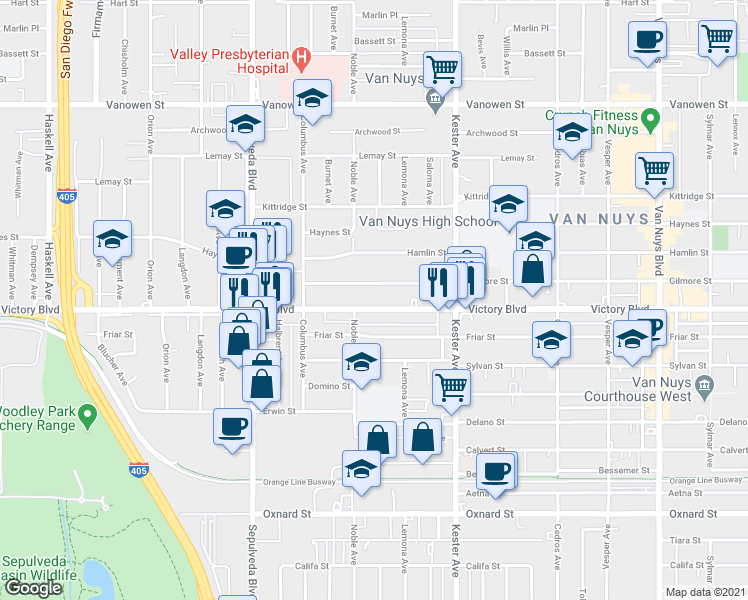 map of restaurants, bars, coffee shops, grocery stores, and more near 15043 Victory Boulevard in Los Angeles