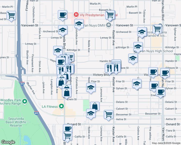 map of restaurants, bars, coffee shops, grocery stores, and more near 15050 Victory Boulevard in Los Angeles