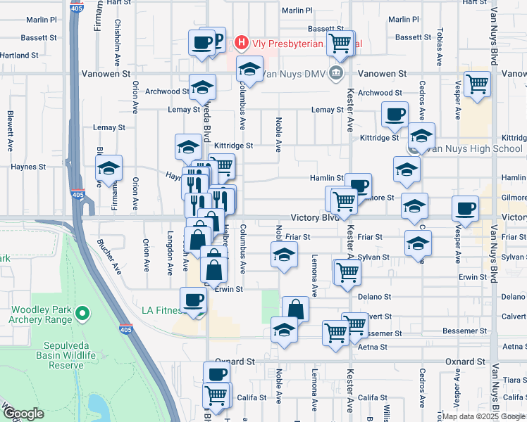 map of restaurants, bars, coffee shops, grocery stores, and more near 15120 Victory Boulevard in Los Angeles