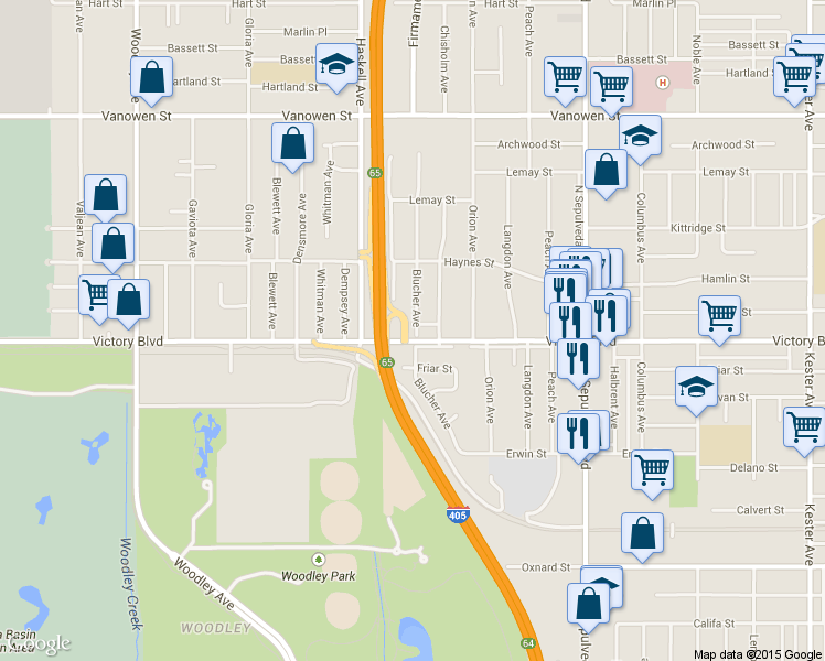 map of restaurants, bars, coffee shops, grocery stores, and more near 6361 Blucher Avenue in Los Angeles