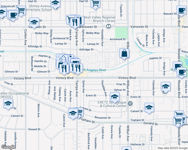 map of restaurants, bars, coffee shops, grocery stores, and more near 19150 Victory Boulevard in Los Angeles