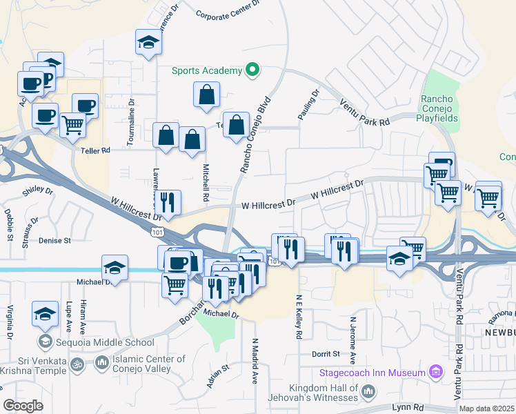 map of restaurants, bars, coffee shops, grocery stores, and more near 2092 West Hillcrest Drive in Thousand Oaks