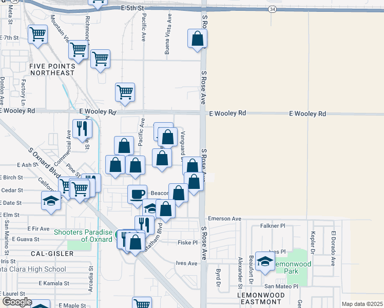 map of restaurants, bars, coffee shops, grocery stores, and more near 1400-1498 Vanguard Dr in Oxnard