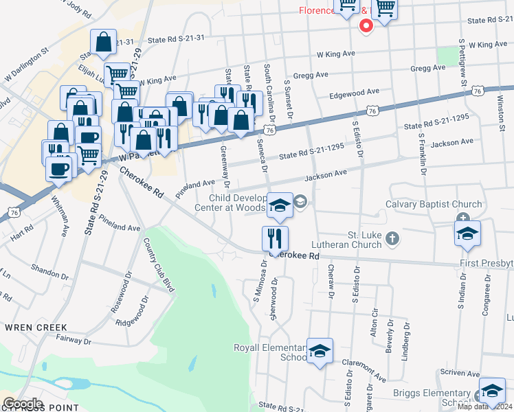 map of restaurants, bars, coffee shops, grocery stores, and more near 1515 State Road S-21-394 in Florence