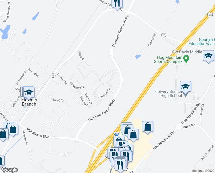 map of restaurants, bars, coffee shops, grocery stores, and more near 765 TreePark Circle in Flowery Branch