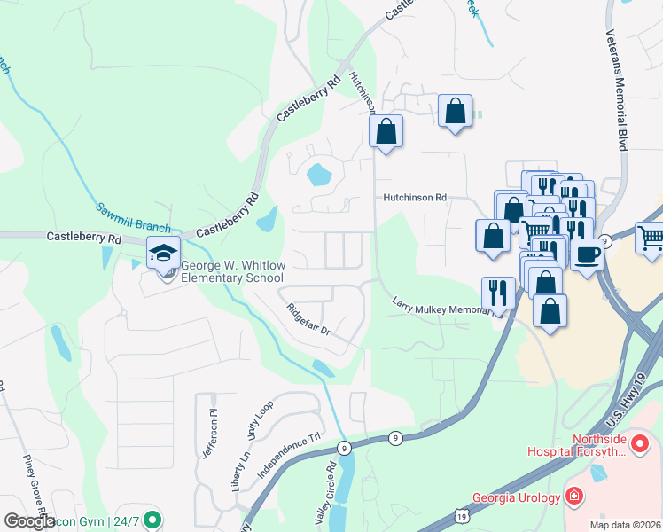map of restaurants, bars, coffee shops, grocery stores, and more near 3917 Deerborne Drive in Cumming