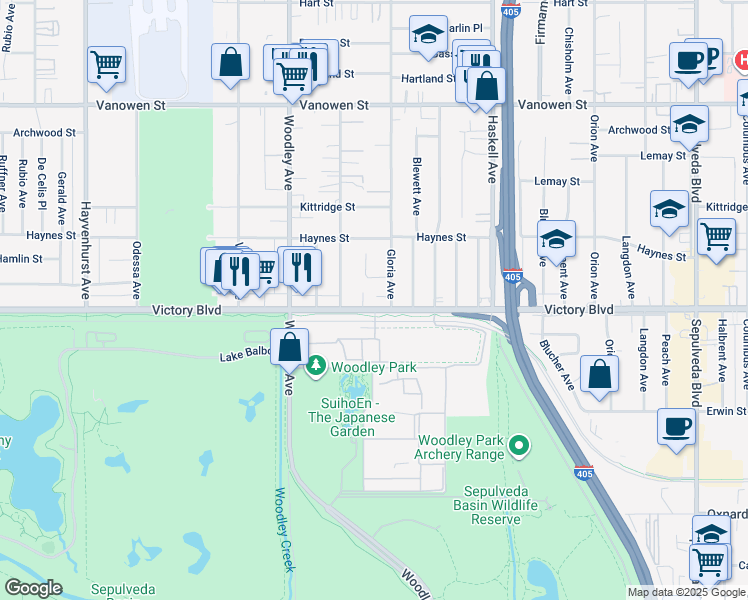 map of restaurants, bars, coffee shops, grocery stores, and more near 15925 Victory Boulevard in Los Angeles