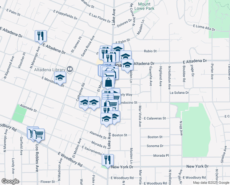 map of restaurants, bars, coffee shops, grocery stores, and more near 922 Beverly Way in Altadena