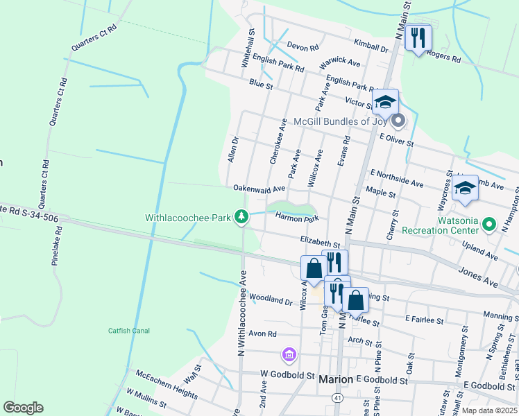 map of restaurants, bars, coffee shops, grocery stores, and more near 805 Cherokee Avenue in Marion