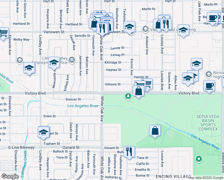 map of restaurants, bars, coffee shops, grocery stores, and more near 17621 Victory Boulevard in Los Angeles