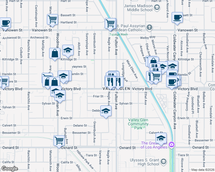 map of restaurants, bars, coffee shops, grocery stores, and more near 13343 Victory Boulevard in Los Angeles