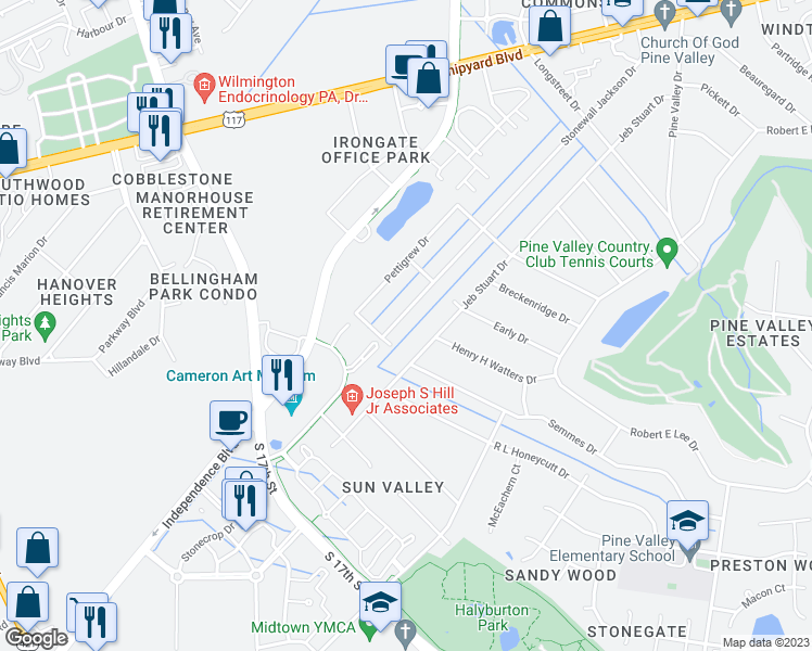 map of restaurants, bars, coffee shops, grocery stores, and more near 421 Stonewall Jackson Drive in Wilmington