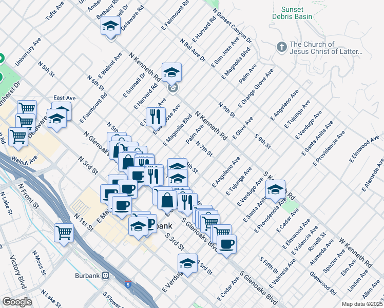 map of restaurants, bars, coffee shops, grocery stores, and more near in Burbank
