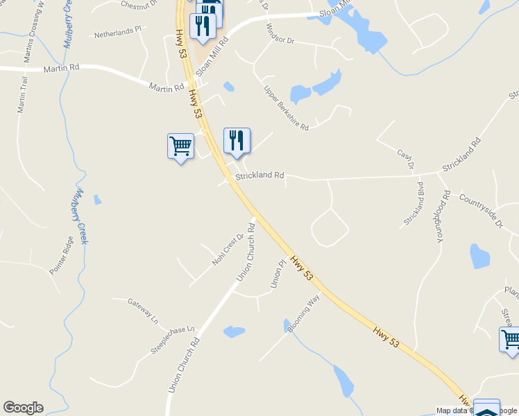map of restaurants, bars, coffee shops, grocery stores, and more near 4415 Winder Highway in Flowery Branch