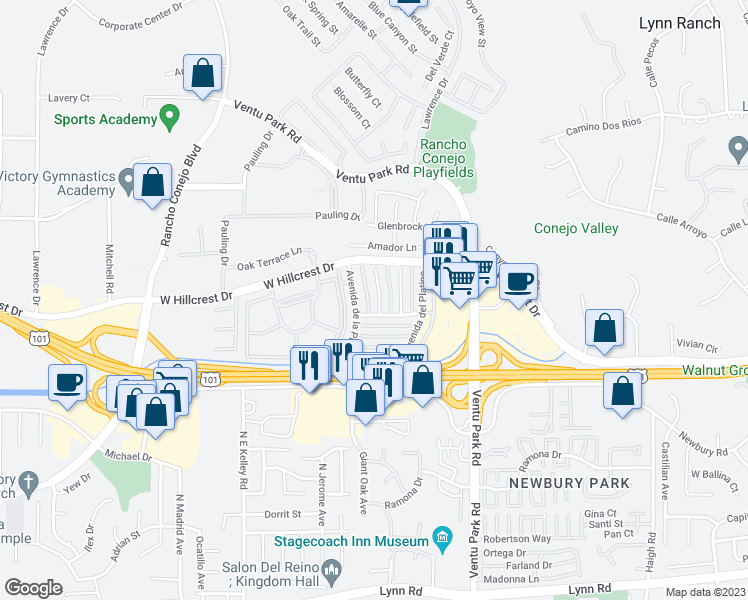 map of restaurants, bars, coffee shops, grocery stores, and more near 618 Paseo La Perla in Thousand Oaks