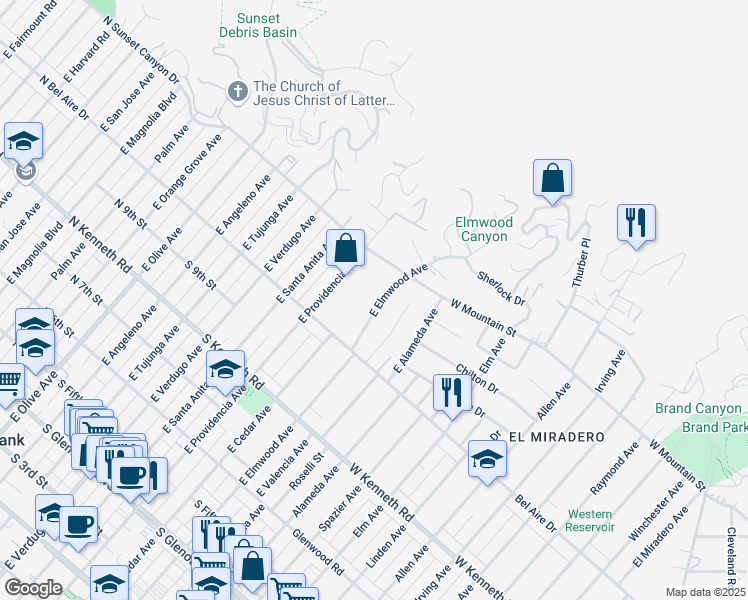 map of restaurants, bars, coffee shops, grocery stores, and more near 1055 East Elmwood Avenue in Burbank