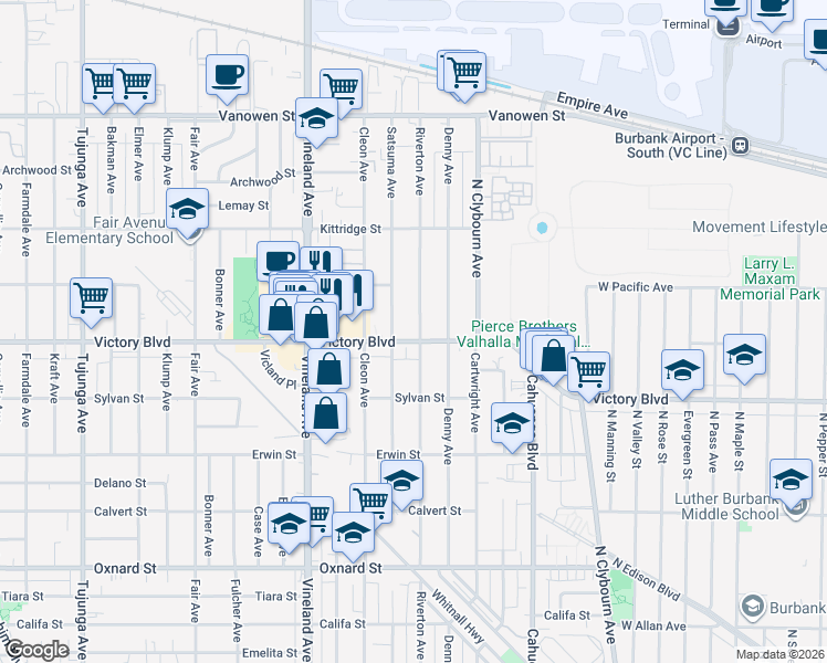 map of restaurants, bars, coffee shops, grocery stores, and more near 6401 Riverton Avenue in Los Angeles