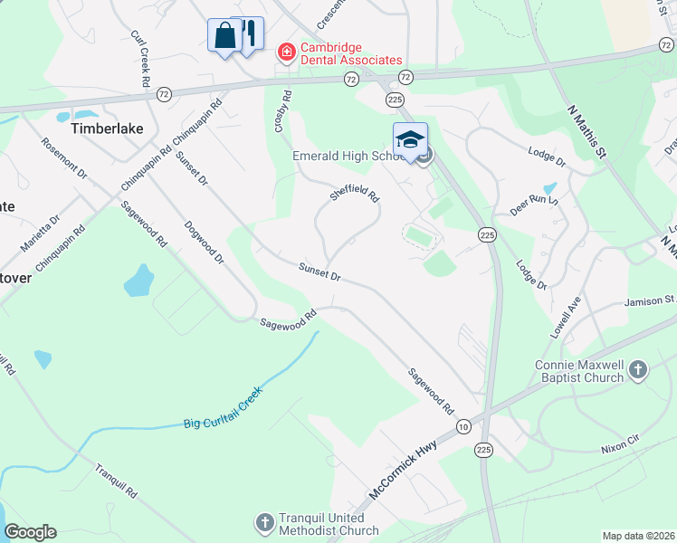map of restaurants, bars, coffee shops, grocery stores, and more near 845 Sunset Drive in Greenwood