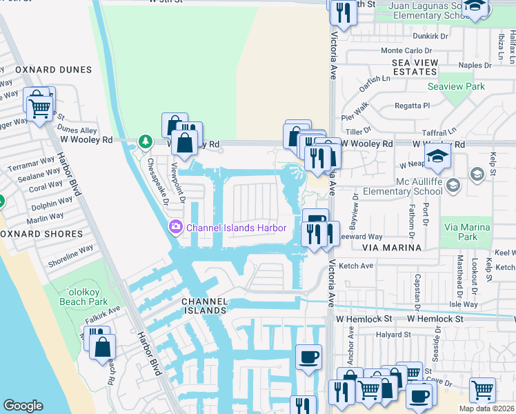 map of restaurants, bars, coffee shops, grocery stores, and more near 1423 Caspian Way in Oxnard