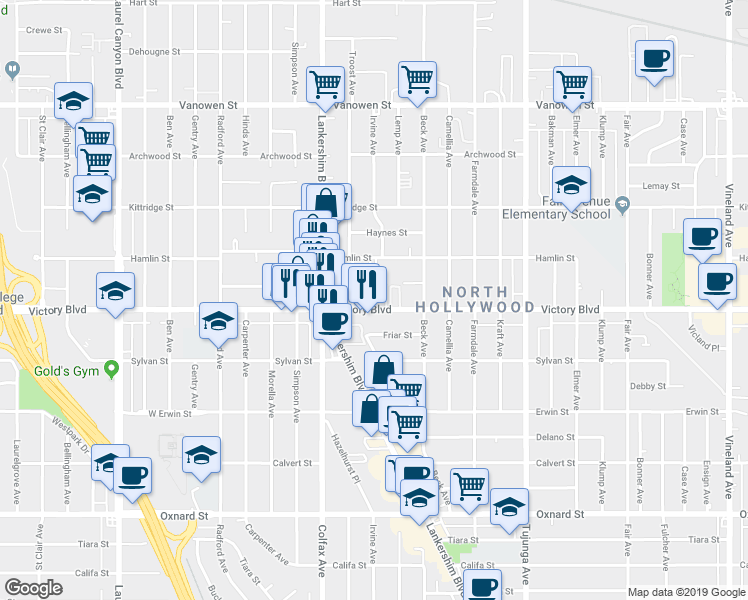 map of restaurants, bars, coffee shops, grocery stores, and more near 11631 Victory Boulevard in Los Angeles