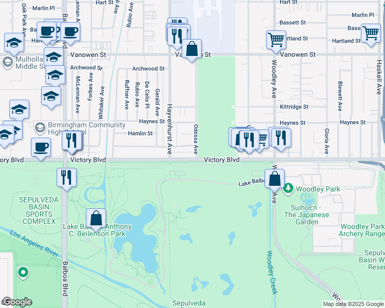 map of restaurants, bars, coffee shops, grocery stores, and more near 6407 Odessa Avenue in Los Angeles