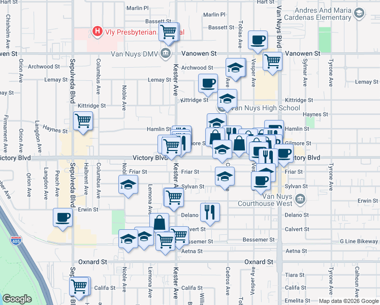 map of restaurants, bars, coffee shops, grocery stores, and more near 14830 Victory Boulevard in Los Angeles