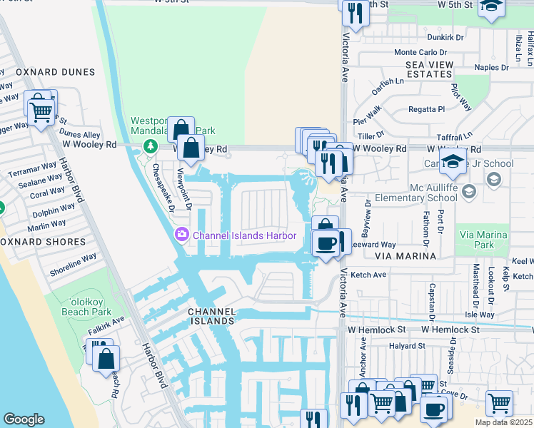 map of restaurants, bars, coffee shops, grocery stores, and more near 1423 Caspian Way in Oxnard