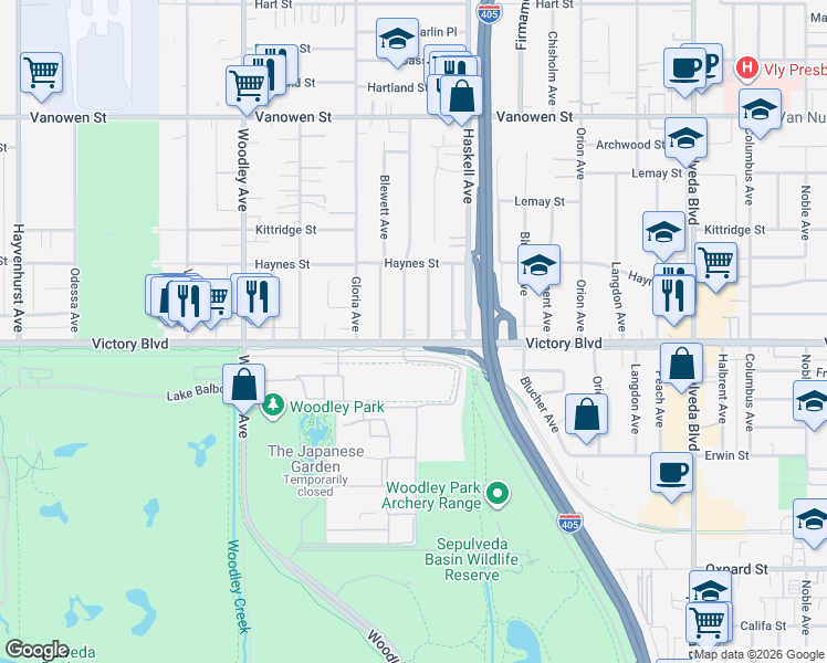 map of restaurants, bars, coffee shops, grocery stores, and more near 15800 Victory Boulevard in Los Angeles