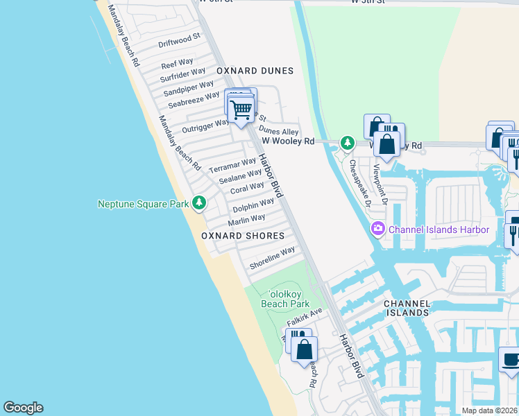 map of restaurants, bars, coffee shops, grocery stores, and more near 4954 Dolphin Way in Oxnard