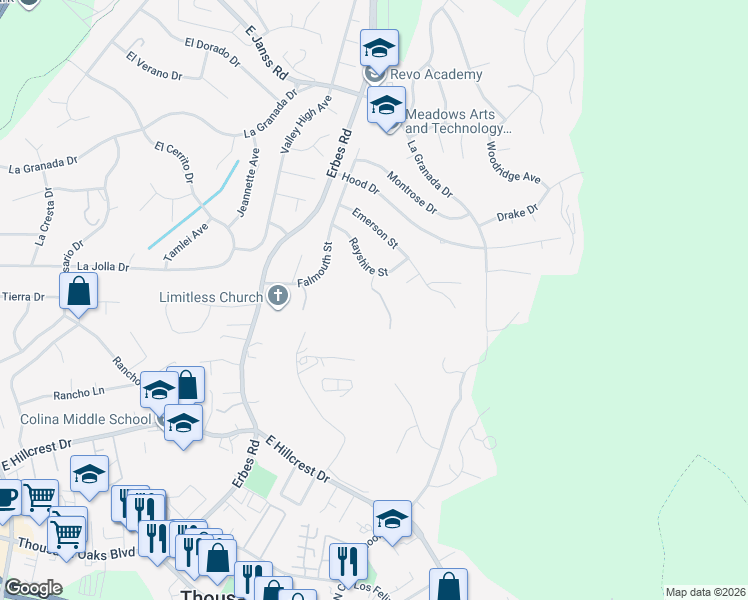 map of restaurants, bars, coffee shops, grocery stores, and more near 775 Parmenter Avenue in Thousand Oaks