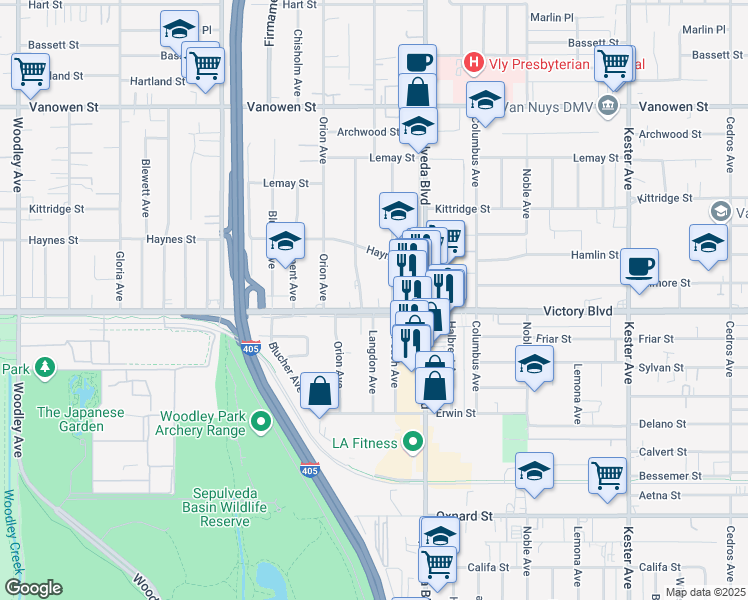 map of restaurants, bars, coffee shops, grocery stores, and more near 15363 Victory Boulevard in Los Angeles