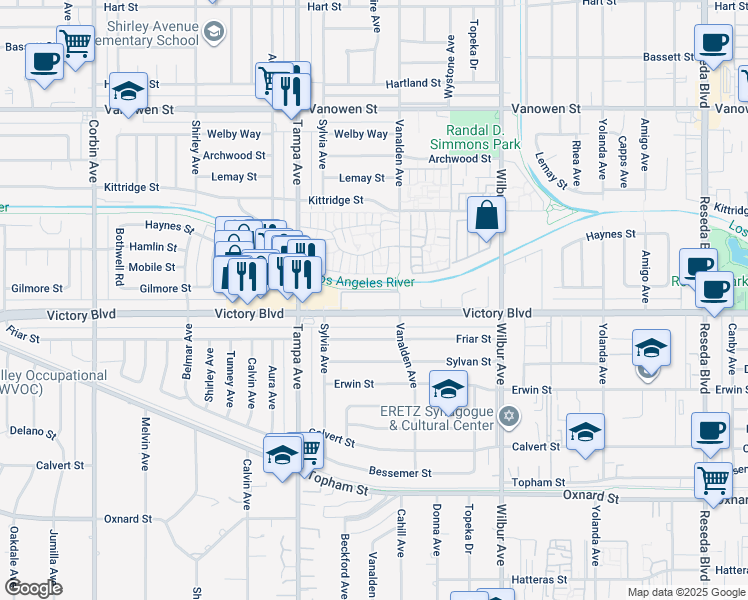 map of restaurants, bars, coffee shops, grocery stores, and more near 19131 Victory Boulevard in Los Angeles