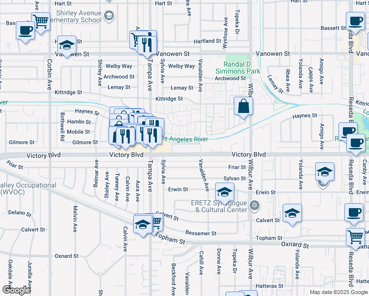 map of restaurants, bars, coffee shops, grocery stores, and more near 19143 Victory Boulevard in Los Angeles