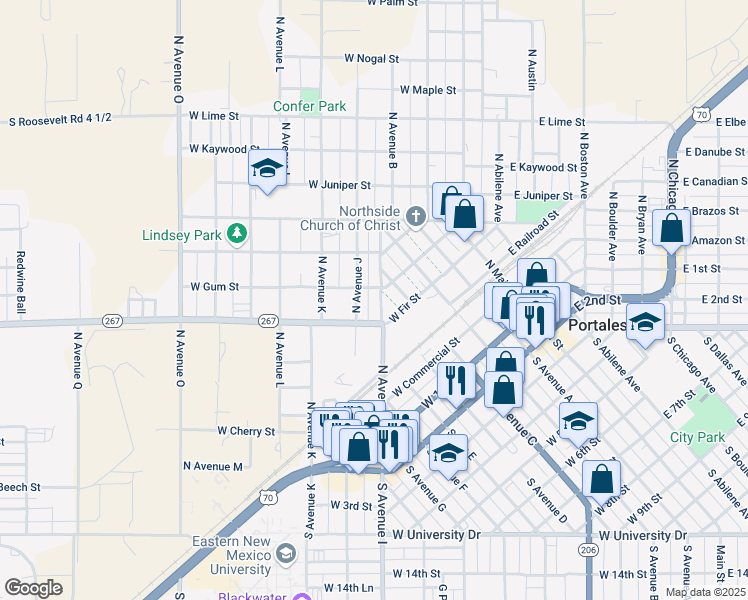 map of restaurants, bars, coffee shops, grocery stores, and more near 404 West Fir Street in Portales