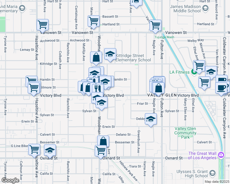map of restaurants, bars, coffee shops, grocery stores, and more near 13614 Victory Boulevard in Los Angeles
