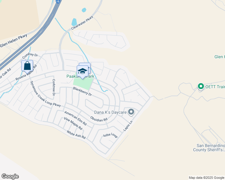 map of restaurants, bars, coffee shops, grocery stores, and more near 4031 Obsidian Road in San Bernardino