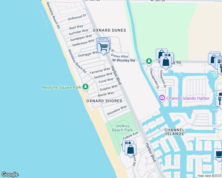 map of restaurants, bars, coffee shops, grocery stores, and more near 4950 Marlin Way in Oxnard