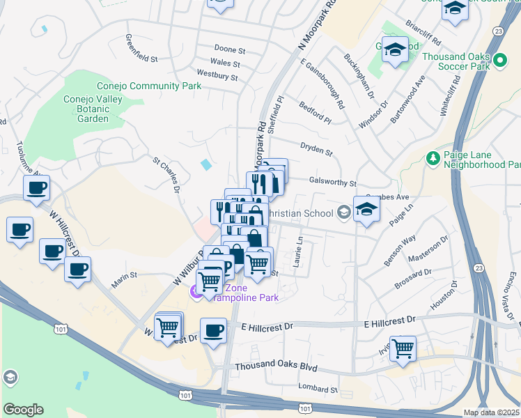 map of restaurants, bars, coffee shops, grocery stores, and more near 560 North Moorpark Road in Thousand Oaks