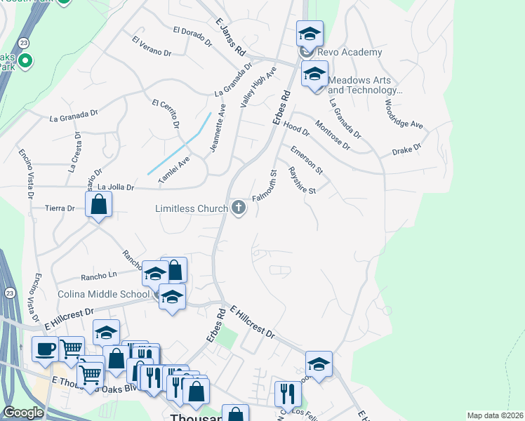 map of restaurants, bars, coffee shops, grocery stores, and more near 779 Gloucester Lane in Thousand Oaks