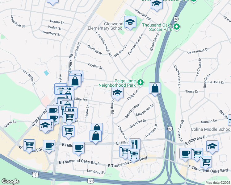 map of restaurants, bars, coffee shops, grocery stores, and more near 617 Beall Street in Thousand Oaks