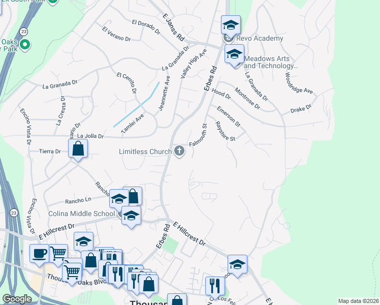 map of restaurants, bars, coffee shops, grocery stores, and more near 791 Gloucester Lane in Thousand Oaks