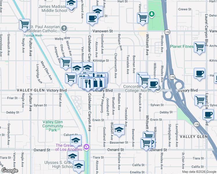 map of restaurants, bars, coffee shops, grocery stores, and more near 12743 Victory Boulevard in Los Angeles