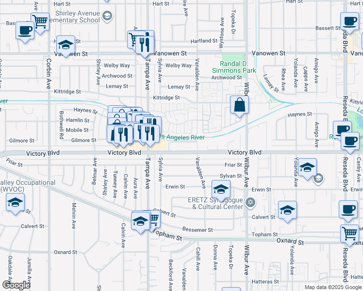 map of restaurants, bars, coffee shops, grocery stores, and more near 19150 Victory Boulevard in Los Angeles